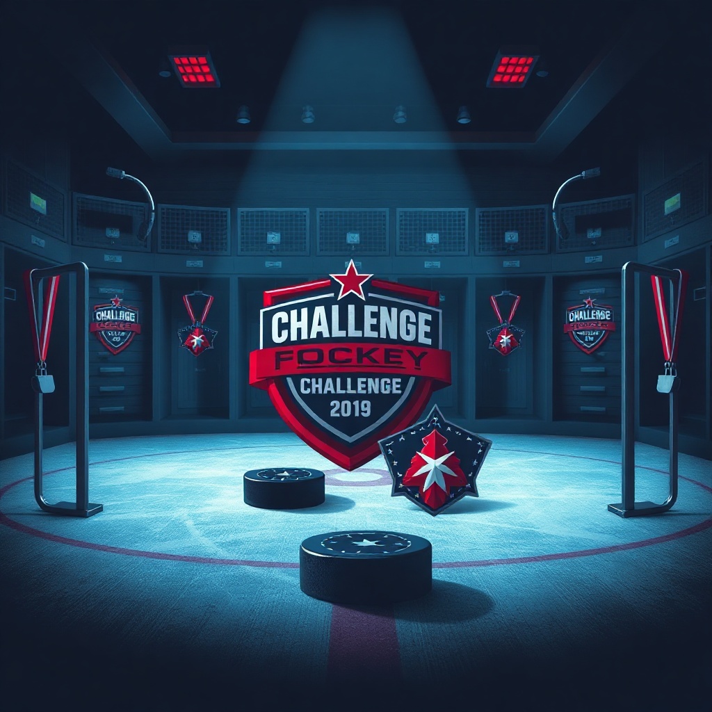 Hockey challenge badges on a locker wall