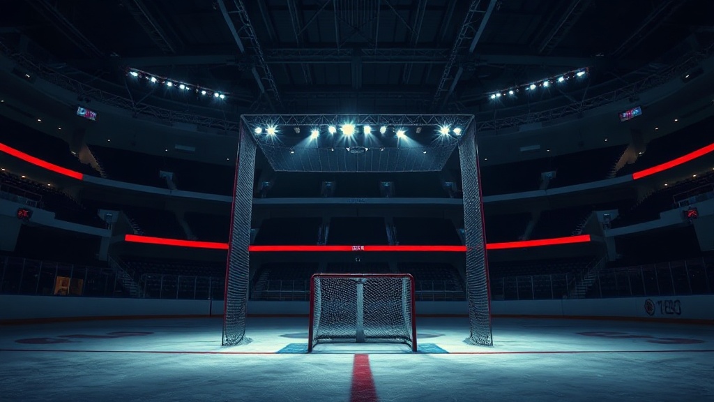 Empty hockey net on a night rink